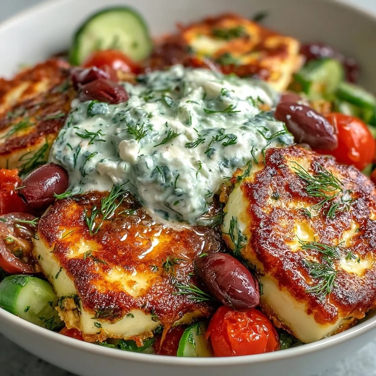 Crispy halloumi and colorful Mediterranean toppings create a vibrant Greek Halloumi Power Bowl for a satisfying lunch.