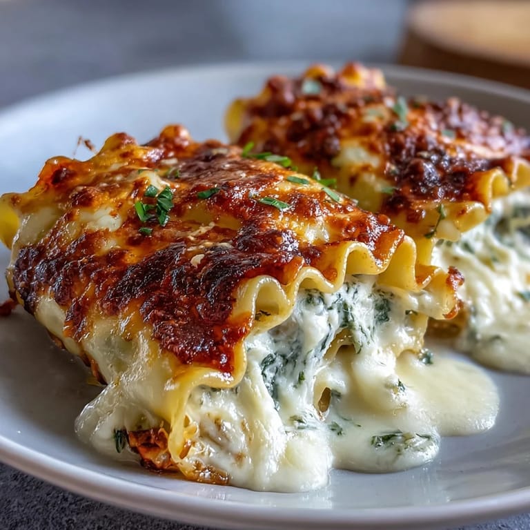 Garlic Butter Lasagna Roll-Ups with creamy ricotta and spinach filling, presented on a rustic plate for dinner.