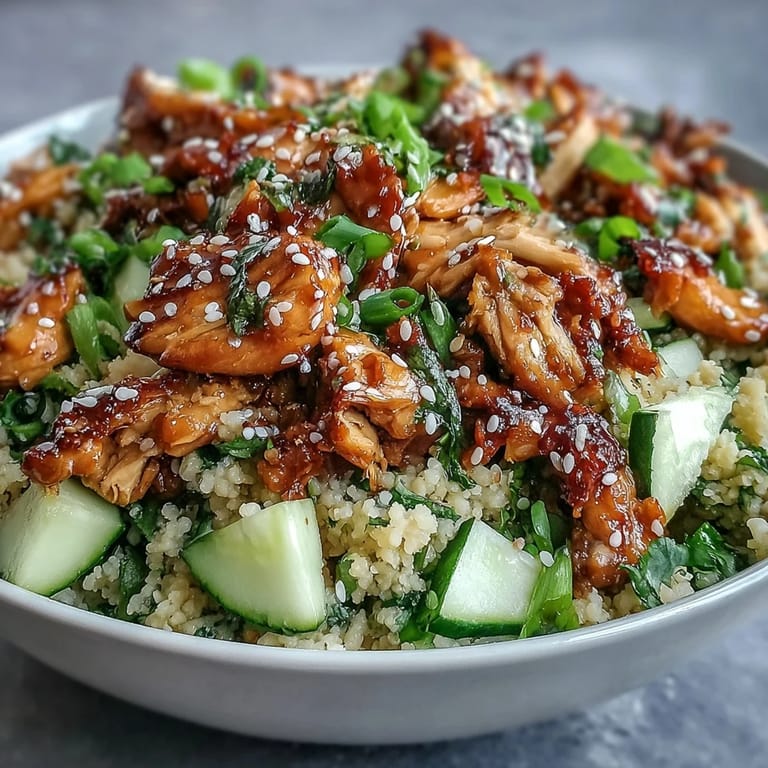 A plated bowl of Asian Sesame Chicken Couscous Salad features tender chicken and fresh cilantro. 