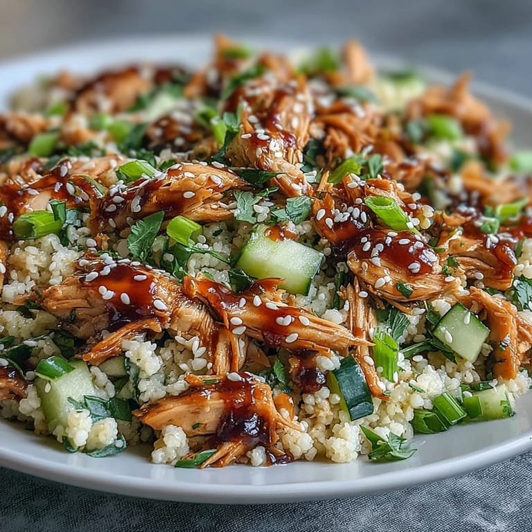 Top-down view of Asian Sesame Chicken Couscous Salad tossed with vibrant vegetables and savory dressing.