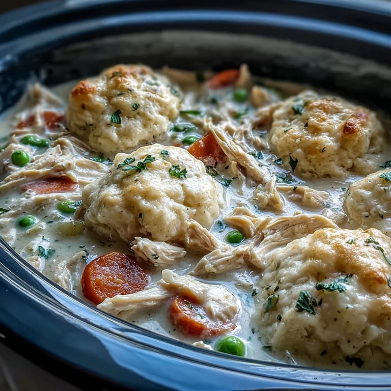 Hearty Slow Cooker Ranch Chicken & Dumplings served steaming hot in a crockpot, surrounded by fresh parsley and rustic bread slices.