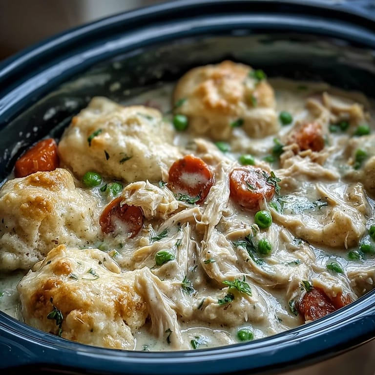 Vibrant bowl of Slow Cooker Ranch Chicken & Dumplings featuring carrots and peas in a creamy ranch broth with golden drop dumplings.