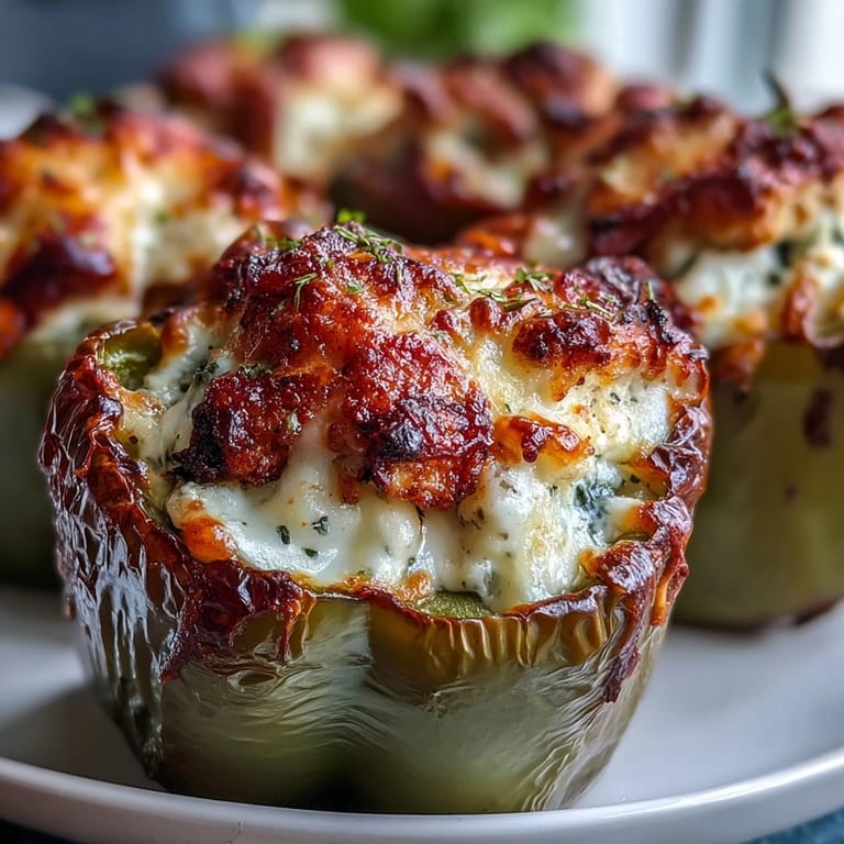 A close-up of bubbling cheese on Garlic Parmesan Chicken Stuffed Peppers, garnished with fresh parsley.