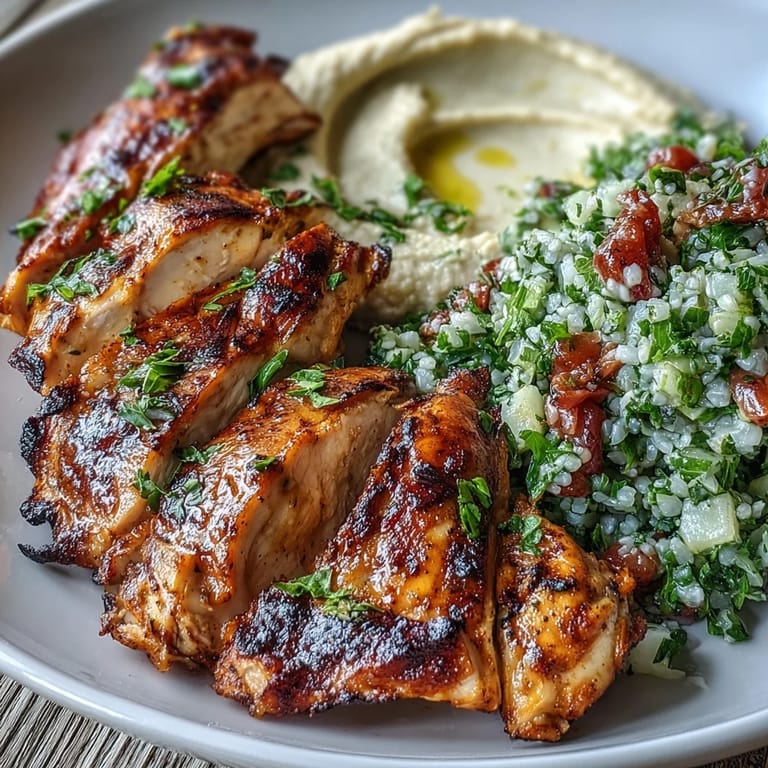 Fresh Mediterranean Grilled Chicken is served with a drizzle of olive oil over smooth hummus and vibrant tabbouleh, ready for a wholesome dinner.