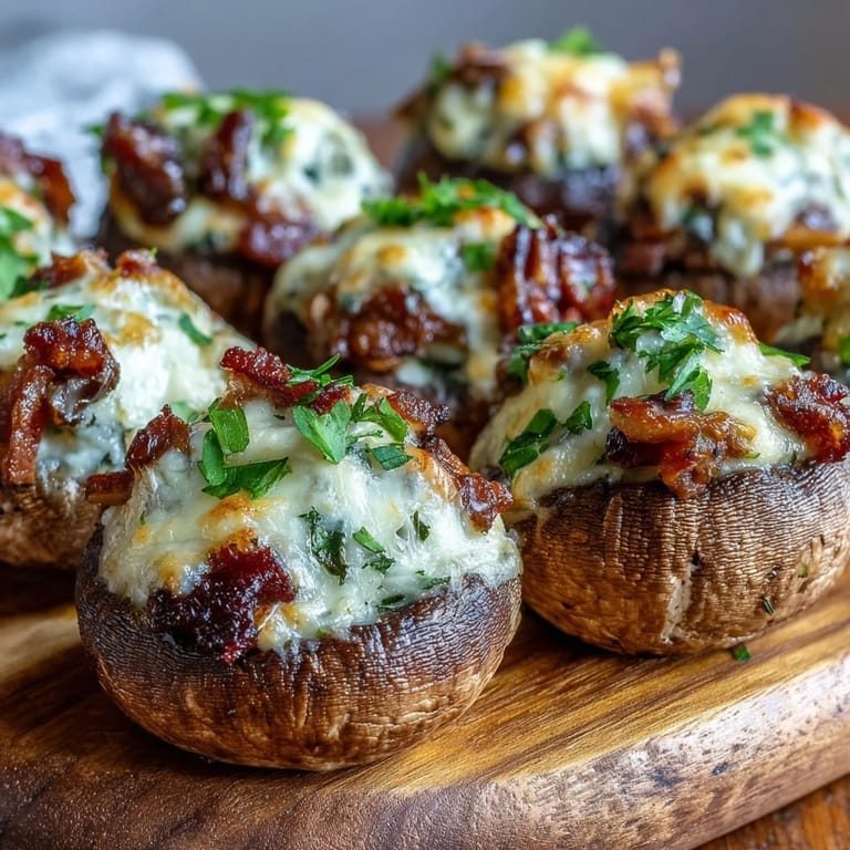 Savory Keto Bacon and Cheese Stuffed Mushrooms served warm on a ceramic platter, perfect for a low-carb party appetizer.
