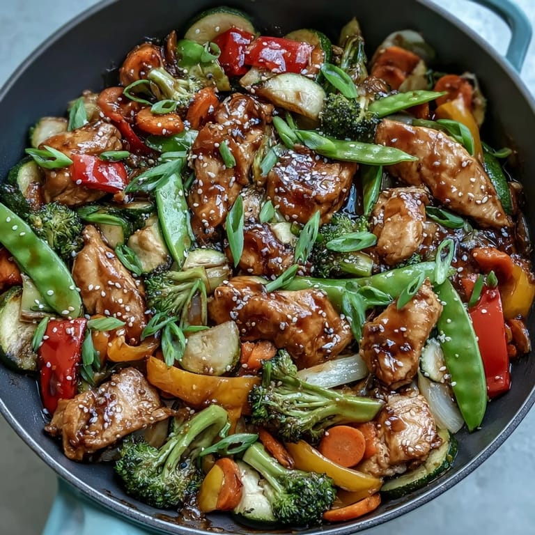 Colorful stir-fry platter served over steamed white rice with a sprinkle of sesame seeds for a crunchy finish.