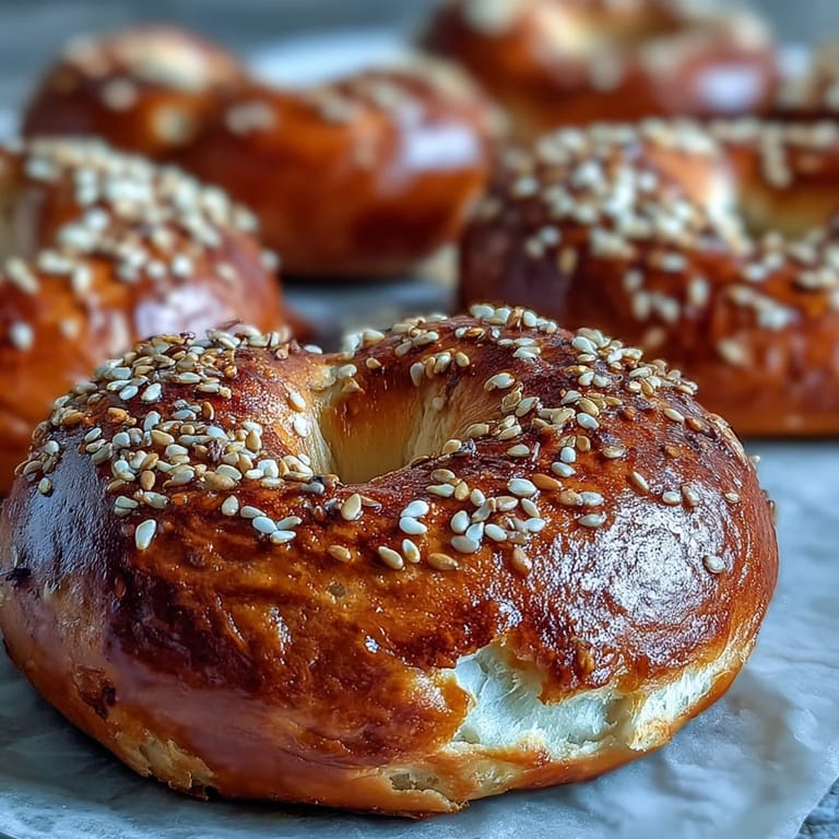 Four golden Greek Yogurt Bagels are arranged on a parchment-lined tray, ready for a healthy breakfast.
