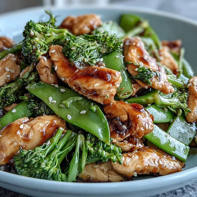 Colorful skinny chicken stir-fry loaded with broccoli florets and sweet snap peas, served steaming hot for a wholesome dinner.