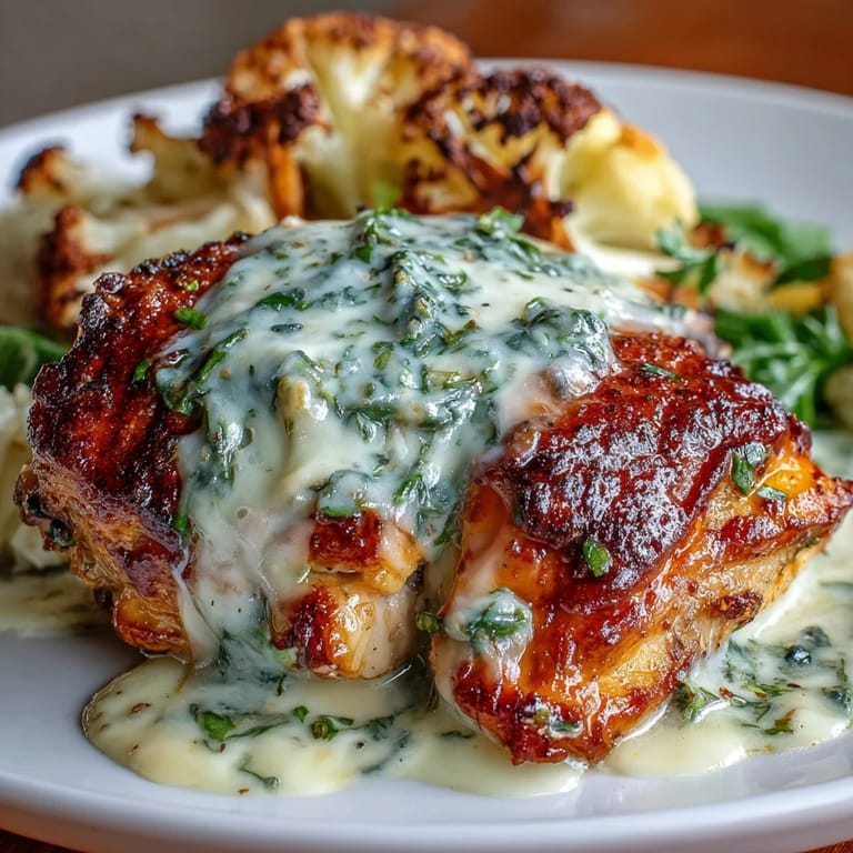Creamy poblano chicken breast served with crispy roasted cauliflower, offering a satisfying keto-friendly meal with bold Mexican-inspired flavors.