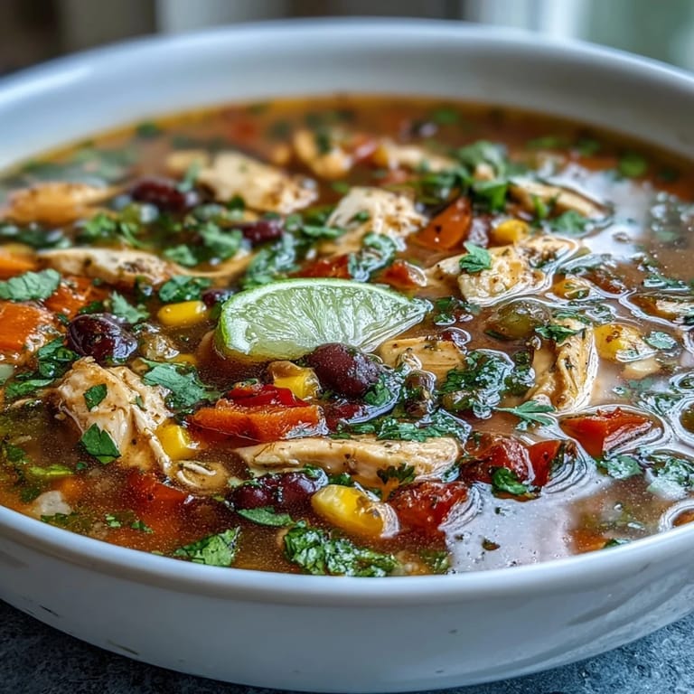 Hearty high-protein chicken taco soup brimming with veggie confetti, served hot with optional avocado and shredded cheese toppings.