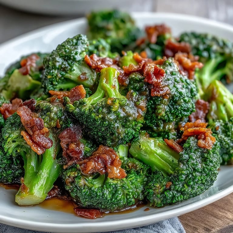 Garlic sauce-coated broccoli topped with golden, crispy bacon bits for a flavorful and easy dinner addition.  