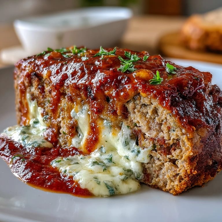 Classic Italian-American meatloaf featuring tender beef, aromatic spices, and a melty mozzarella topping served with extra marinara.