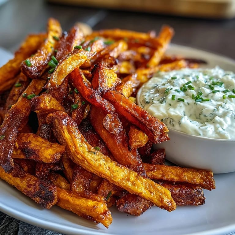 Golden-brown sweet potato fries fresh from the air fryer, paired with tangy onion dip for a delicious vegetarian snack.  