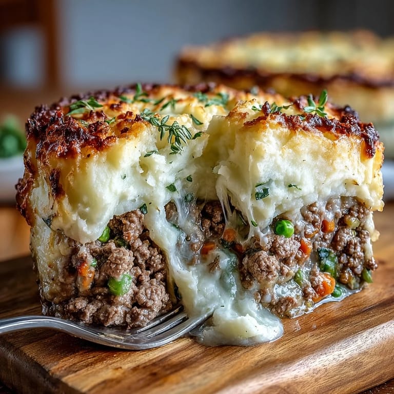 Wholesome shepherd's pie with cauliflower mash, presenting hearty meat and vegetable base crowned with rich, velvety cauliflower puree.