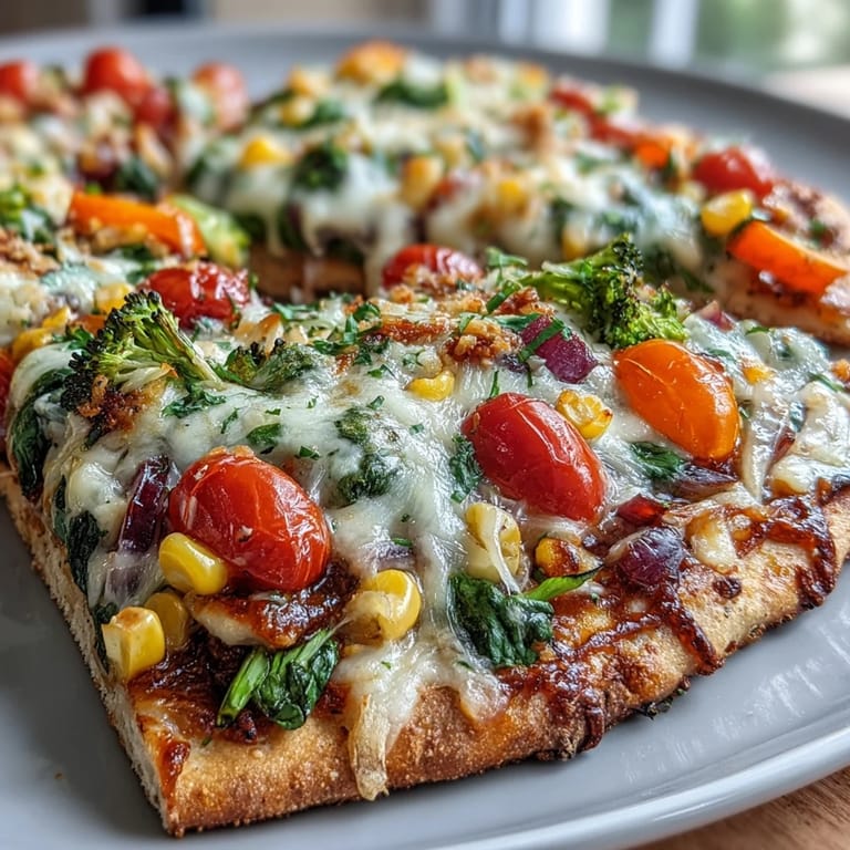 A healthy and eye-catching St. Patricks Day Rainbow Veggie Flatbread Pizza, topped with fresh spinach, bell peppers, and broccoli in a cheerful rainbow pattern.