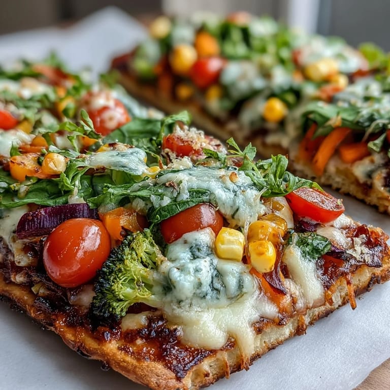 Oven-fresh St. Patricks Day Rainbow Veggie Flatbread Pizza featuring a medley of cherry tomatoes, yellow corn, and red cabbage, perfect for a vegetarian celebration.
