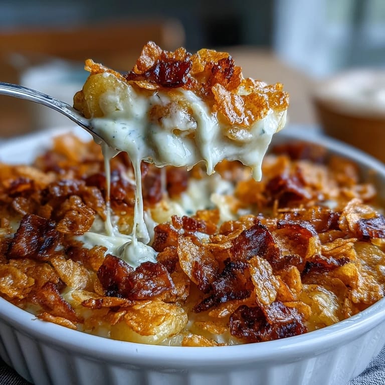 Hearty breakfast skillet featuring savory ham, golden hash browns, and melted cheddar cheese in a creamy sauce.  