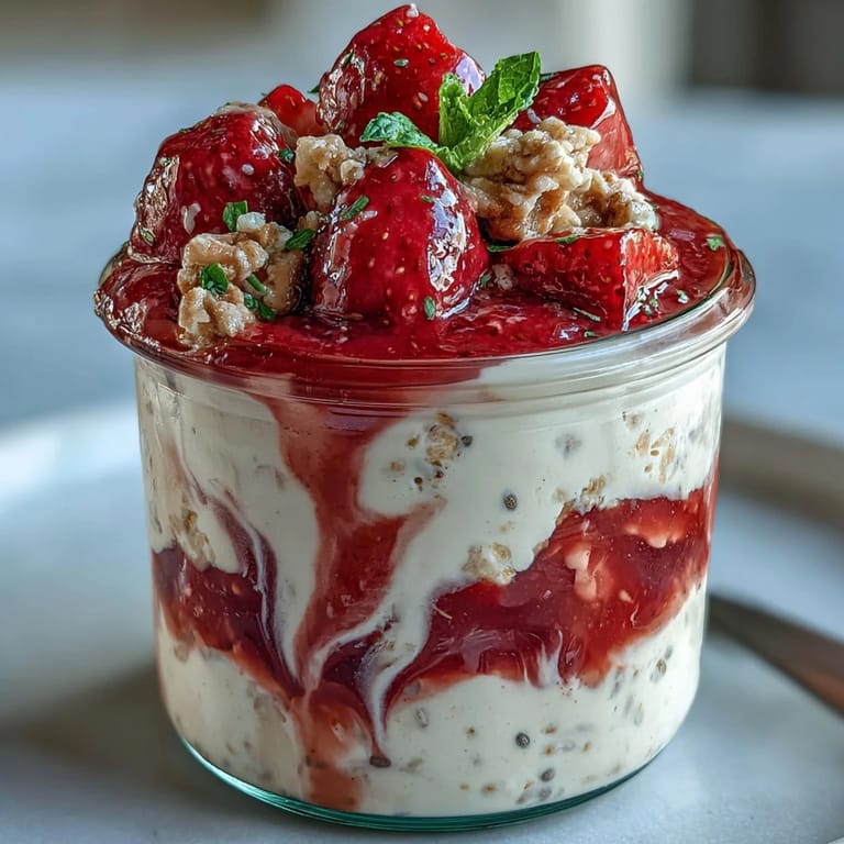 Creamy overnight oats layered with vanilla protein, chia seeds, and juicy strawberries, served in a jar for an easy, nutritious morning meal.