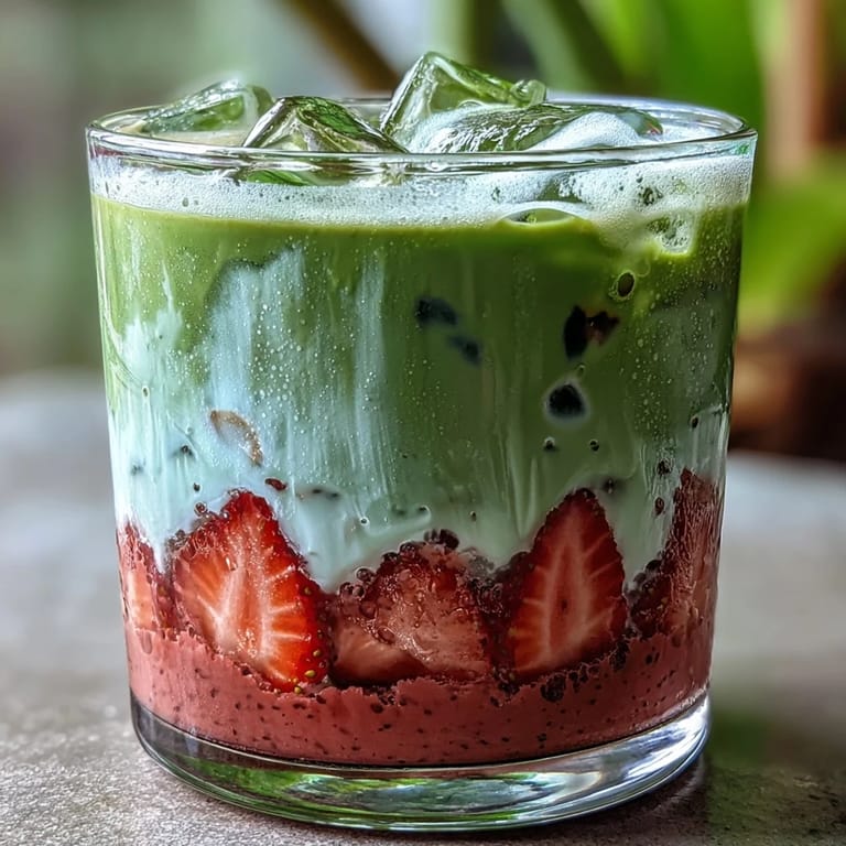 Earthy matcha and sweet strawberry purée blend beautifully with chilled coconut milk for a colorful, vegan-friendly iced latte.