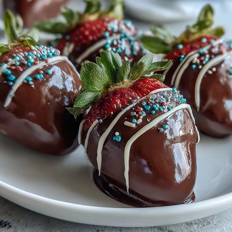Fresh strawberries coated in rich dark chocolate and topped with cheerful pastel sprinkles for a sweet Easter treat.  