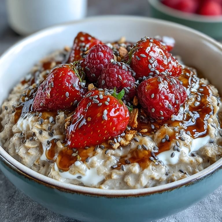 Bright cottage cheese bowl with vibrant strawberries, golden granola, and a hint of chia seeds for texture.
