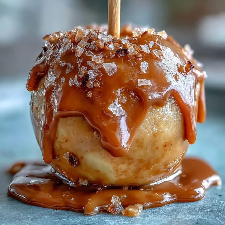 2. Homemade caramel dipped candy apples with sea salt, showcasing rich buttery caramel enveloping fresh apples and finished with a light dusting of crunchy sea salt crystals.