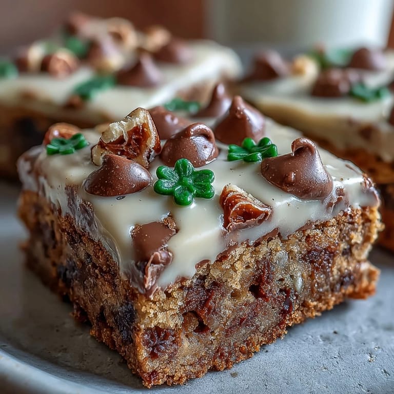 Chewy Lucky Clover St. Patricks Day Cookie Bars packed with chocolate and white chocolate chips.