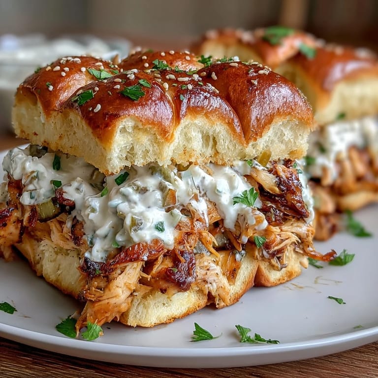 Slow-cooked Mississippi chicken sandwiches bursting with ranch and pepperoncini flavor, topped with crisp dill pickles.  