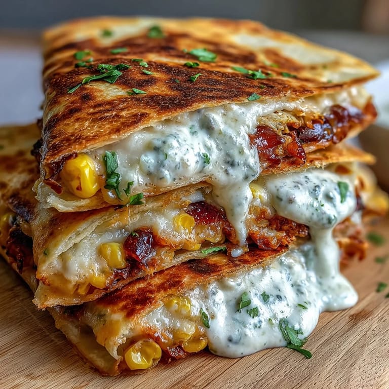Festive Mexican street corn quesadillas filled with roasted corn, jalapeño, and melty cheese, topped with a creamy chipotle crema and fresh cilantro garnish.