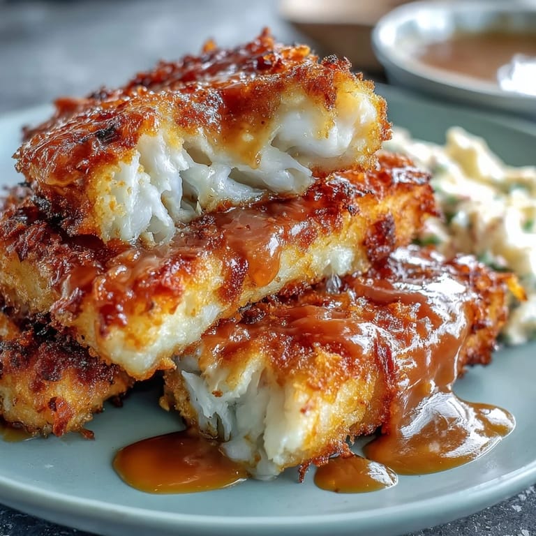 Crispy Southern-style fried catfish, golden and seasoned with bold spices, accompanied by tangy homemade remoulade for dipping.