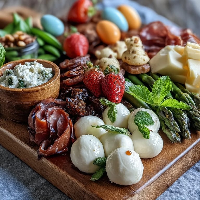 Colorful mini Easter basket charcuterie board featuring fresh mozzarella, salami, strawberries, and sweet treats for a cheerful spring appetizer.
