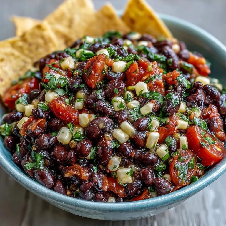 Zesty cowboy caviar dip combines black beans, sweet corn, and fresh pico de gallo for a quick, colorful appetizer.