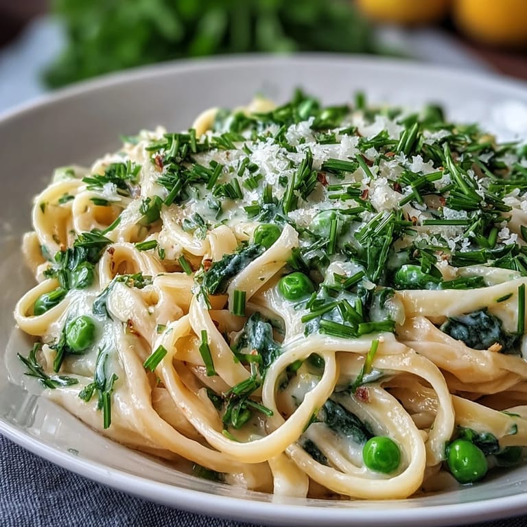 Bright lemon cream pasta dish with vibrant green peas and tender linguine, perfect for spring.