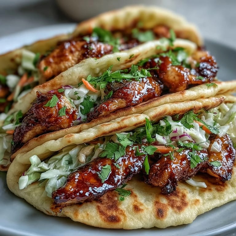 Fresh lime wedges and jalapeño slices garnish these golden honey garlic naan chicken tacos ready to serve. 