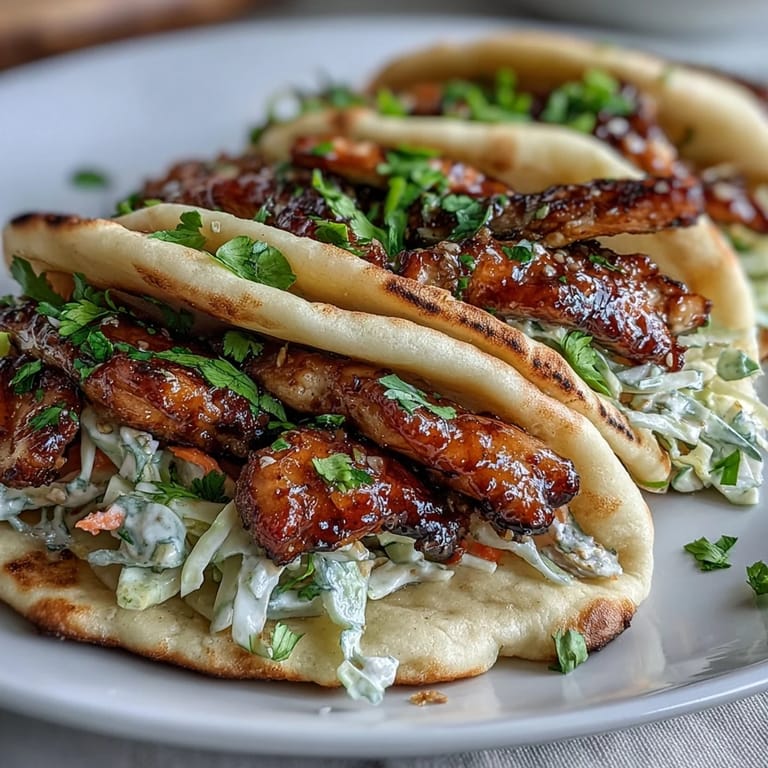 Sticky honey garlic chicken piled on soft naan with creamy slaw, a fusion Indian-Mexican taco dinner.
