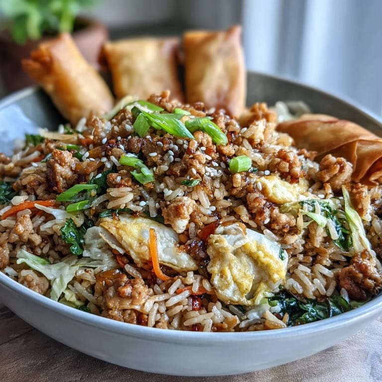 Savory ground chicken and crisp cabbage mix in this one-pan Crispy Chicken Fried Rice with Egg Roll Flavors, ready to eat.