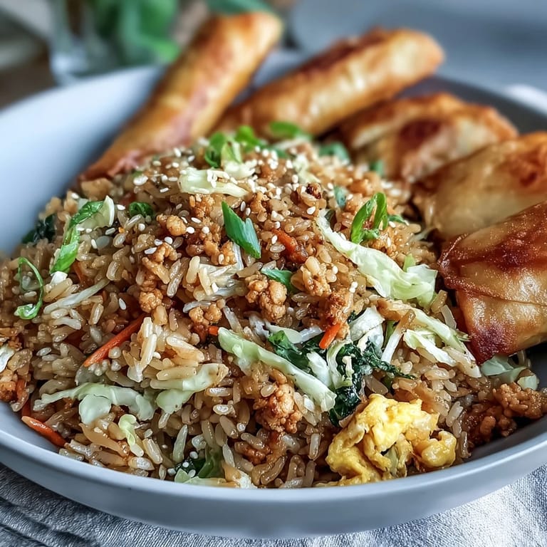Colorful vegetables and fluffy rice create a delicious mound of Crispy Chicken Fried Rice with Egg Roll Flavors for dinner.