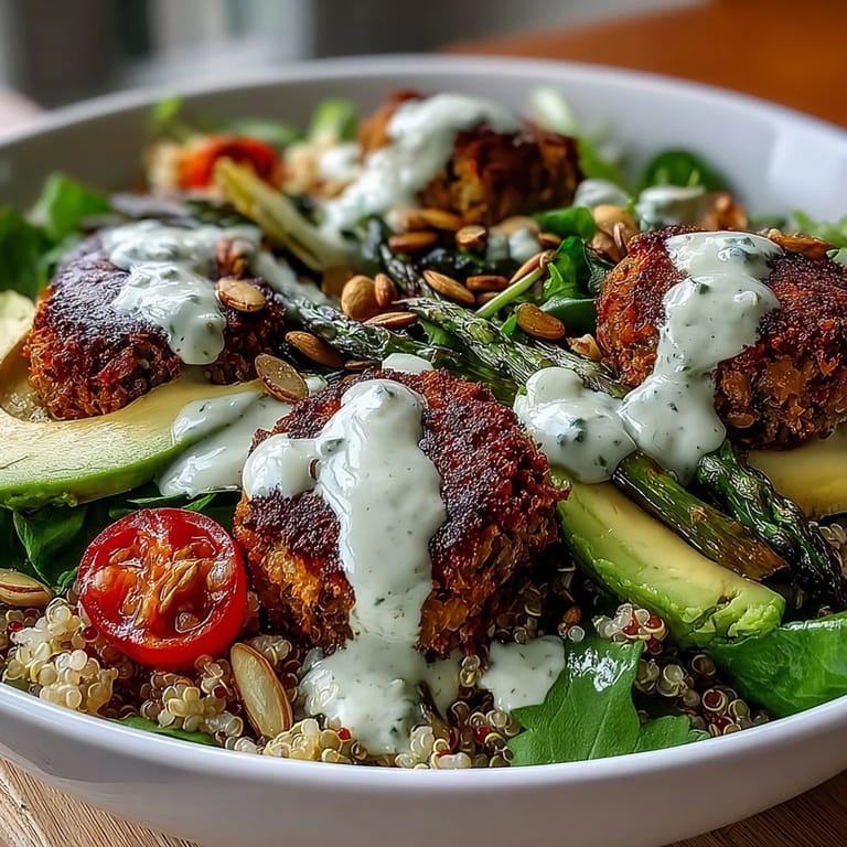Vibrant Spring Buddha Bowl filled with quinoa, roasted spring vegetables, falafel, and creamy avocado, perfect for a nourishing meal.