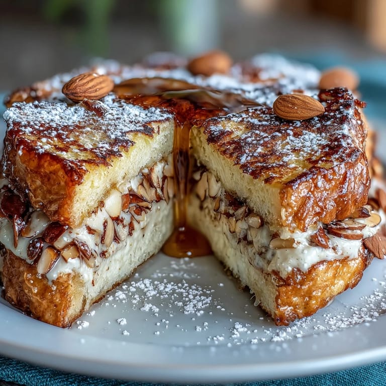 Rich and buttery Almond Croissant French Toast topped with sliced almonds and powdered sugar, perfect for an indulgent weekend brunch.