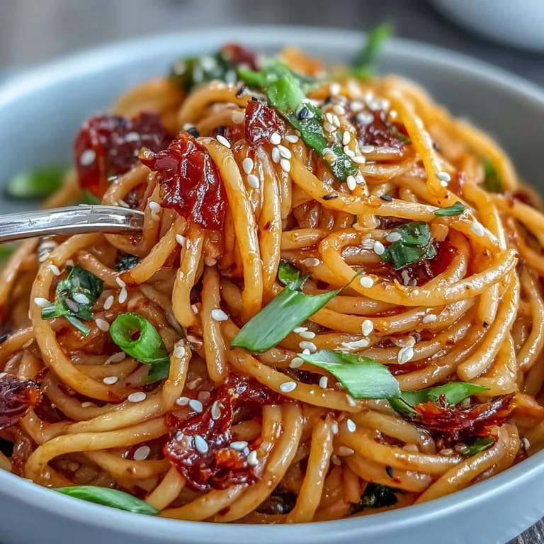 Velvety gochujang butter pasta featuring rich Korean chili paste sauce, aromatic garlic, and fresh scallion garnish.