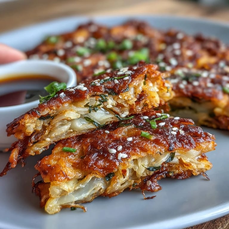 Savory Korean kimchi pancakes with crunchy cabbage, served hot with a side of spicy soy dipping sauce.