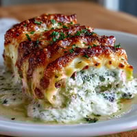 Golden-baked Garlic Butter Lasagna Roll-Ups in a white dish, melted cheese bubbling on top.
