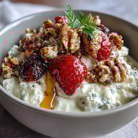 Creamy cottage cheese breakfast bowl with fresh strawberries and crunchy granola, drizzled with honey for a sweet start.  