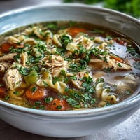 Hearty one-pot chicken noodle soup with tender chicken, colorful vegetables, and egg noodles simmering in savory broth.