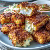Golden fried catfish fillets with crispy cornmeal coating, served with zesty remoulade sauce for a classic Southern seafood dish.