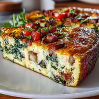 One-Pan Ham and Swiss Frittata with fluffy eggs, savory ham, and melted Swiss cheese, baked to golden perfection in a skillet.