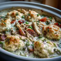 Creamy Slow Cooker Ranch Chicken & Dumplings stew with tender shredded chicken and fluffy biscuit dumplings in a rustic white bowl.