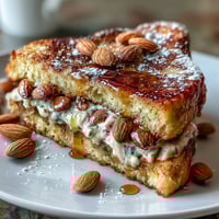 Almond Croissant French Toast with golden brioche slices, creamy almond filling, and toasted almonds, served on a rustic plate for a luxurious breakfast.