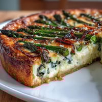 A golden Spring Asparagus Quiche with tender asparagus, Gruyère cheese, and caramelized shallots baked in a flaky crust.