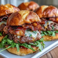 Juicy Father's Day grilled bacon burger sliders with melty cheese and fresh toppings.